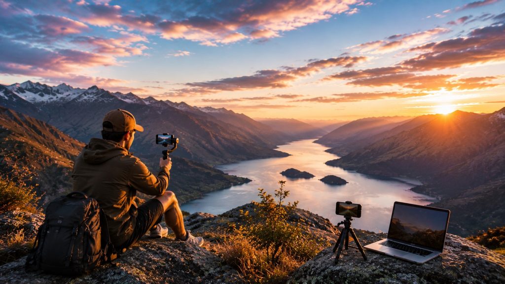 Modern travel creator enjoying scenic mountain views while creating travel content during sunset