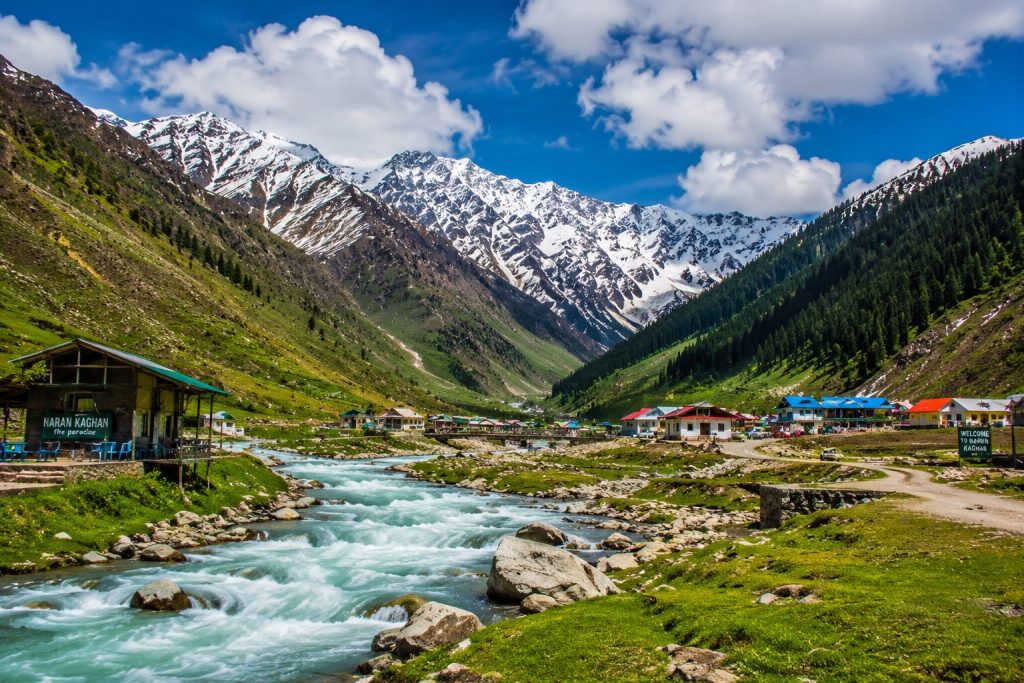 Scenic view of Naran Kaghan Valley featuring snow-capped mountains, flowing river, green hills, and beautiful village landscape.