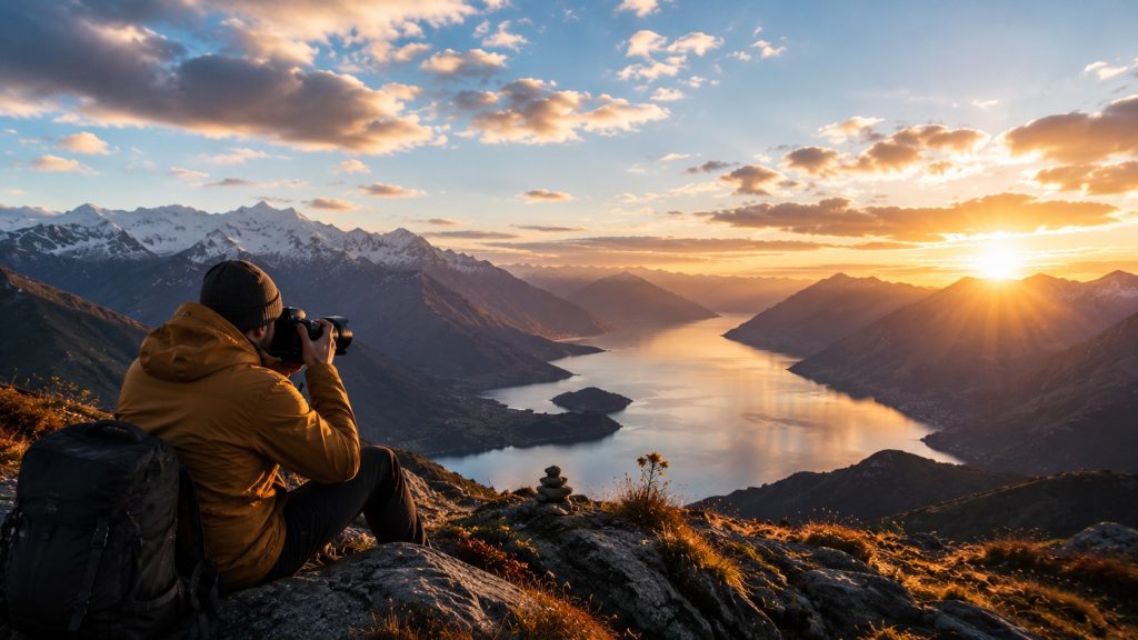 Photographer capturing sunset views over mountains and lake from a rocky landscape viewpoint