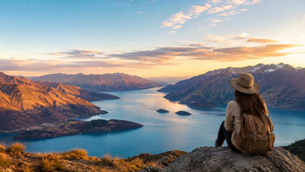 Solo traveler sitting on a mountain viewpoint overlooking a peaceful lake and scenic sunset landscape