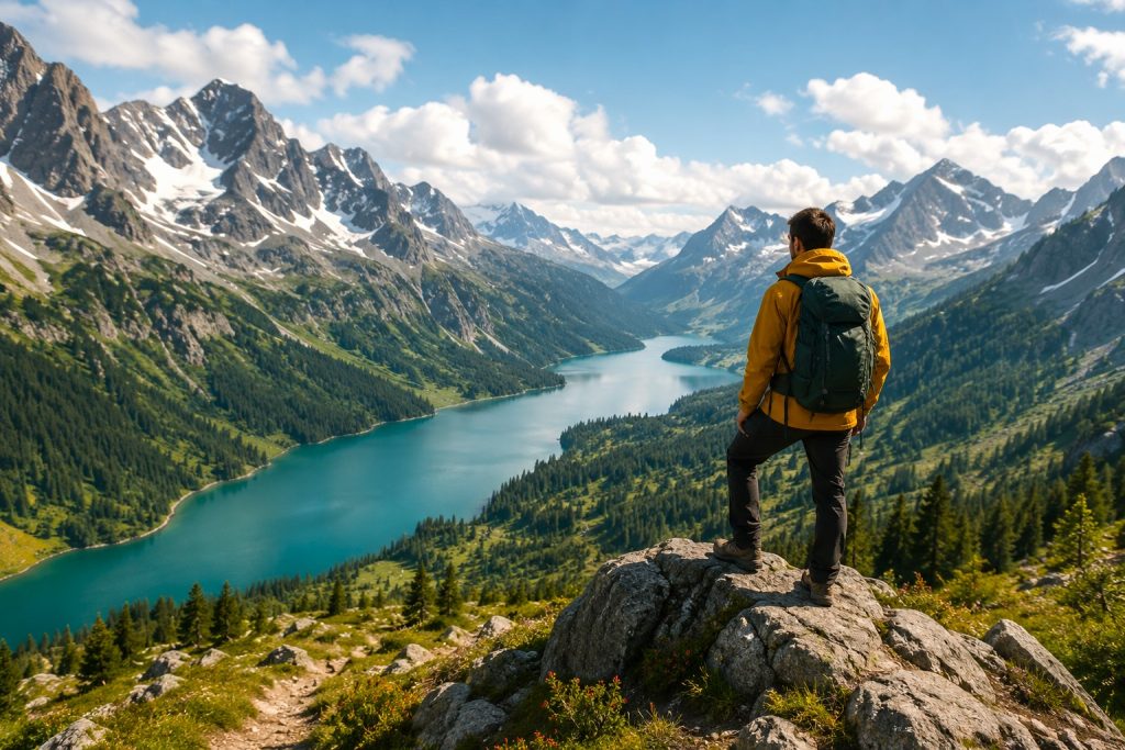 A traveler standing on a rocky mountain viewpoint overlooking a turquoise lake surrounded by snow-covered peaks and lush green valleys under a clear blue sky.