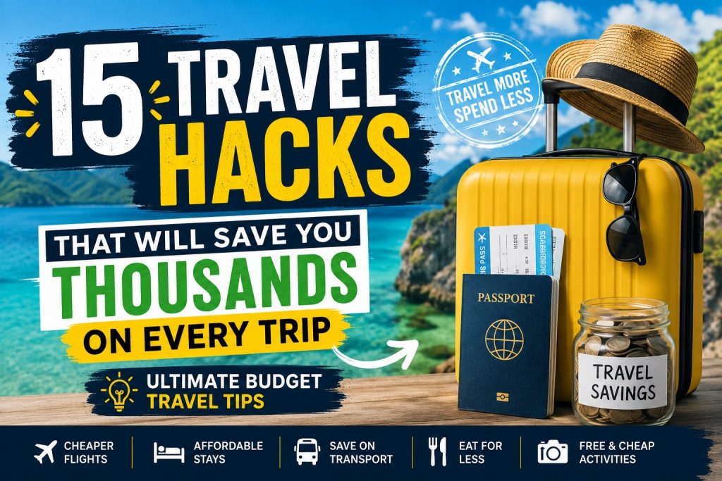 Colorful travel-themed feature image showing a yellow suitcase, passport, travel savings jar, sunglasses, and a tropical beach background representing budget travel tips and money-saving travel hacks.