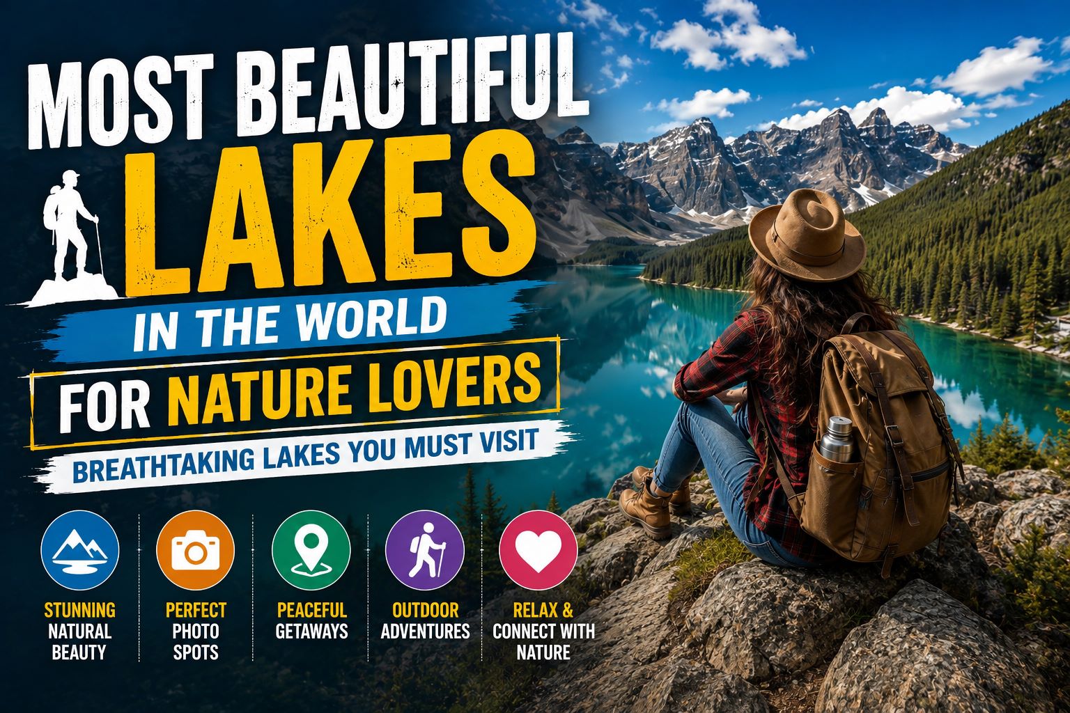 Most Beautiful Lakes in the World for Nature Lovers feature image showing a traveler overlooking a crystal-clear alpine lake surrounded by majestic mountains and lush forests.