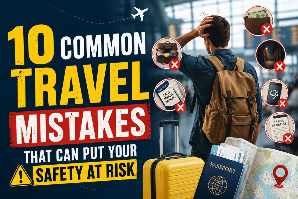 Traveler with backpack and suitcase at an airport surrounded by icons representing common travel mistakes that can put personal safety at risk.