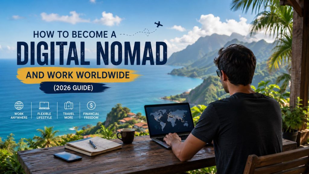 How to Become a Digital Nomad and Work Worldwide (2026 Guide) – digital nomad working remotely on a laptop with stunning mountain and ocean views while traveling the world.