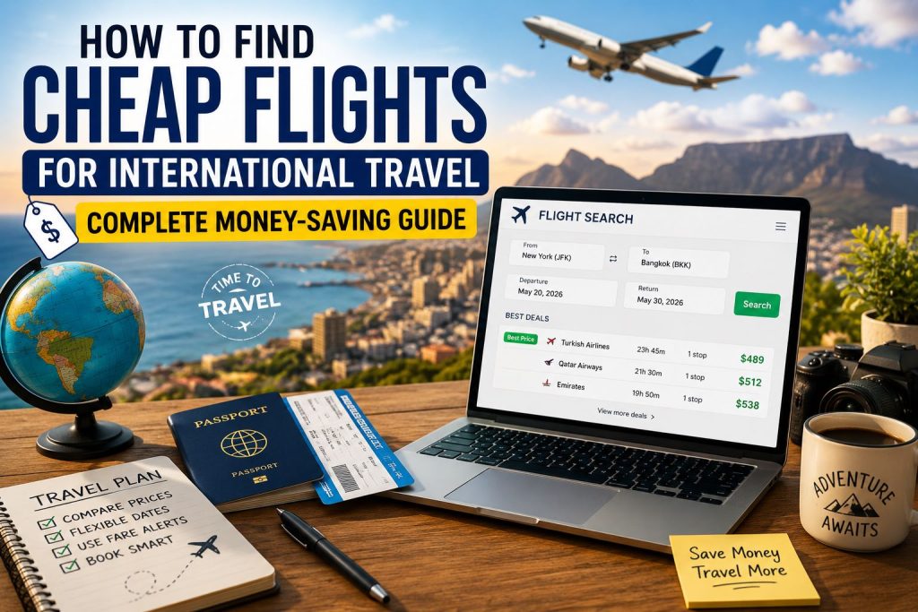 How to Find Cheap Flights for International Travel – Complete Money-Saving Guide featuring a traveler searching for affordable international flight deals on a laptop with a passport, boarding pass, and airplane, highlighting smart ways to save money on international travel.