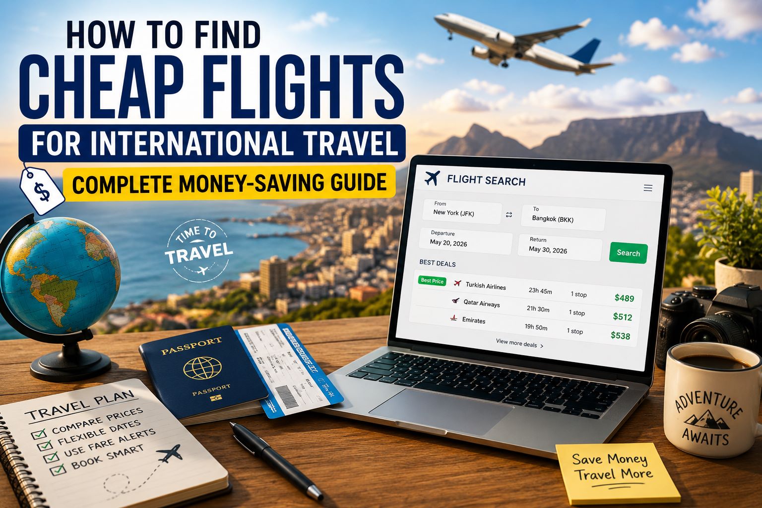 How to Find Cheap Flights for International Travel – Complete Money-Saving Guide featuring a traveler searching for affordable international flight deals on a laptop with a passport, boarding pass, and airplane, highlighting smart ways to save money on international travel.