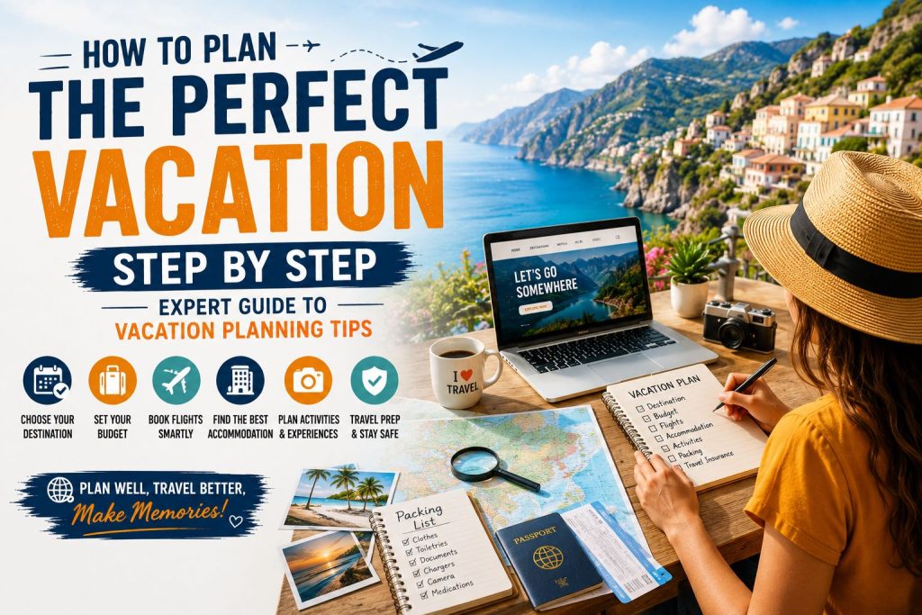 How to Plan the Perfect Vacation Step by Step (Expert Guide to Vacation Planning Tips) feature image showing a traveler planning a vacation with a laptop, travel map, passport, and itinerary overlooking a scenic coastal destination.