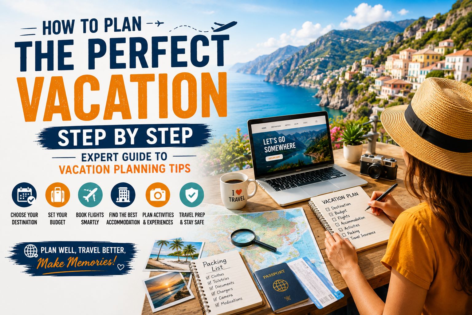 How to Plan the Perfect Vacation Step by Step (Expert Guide to Vacation Planning Tips) feature image showing a traveler planning a vacation with a laptop, travel map, passport, and itinerary overlooking a scenic coastal destination.