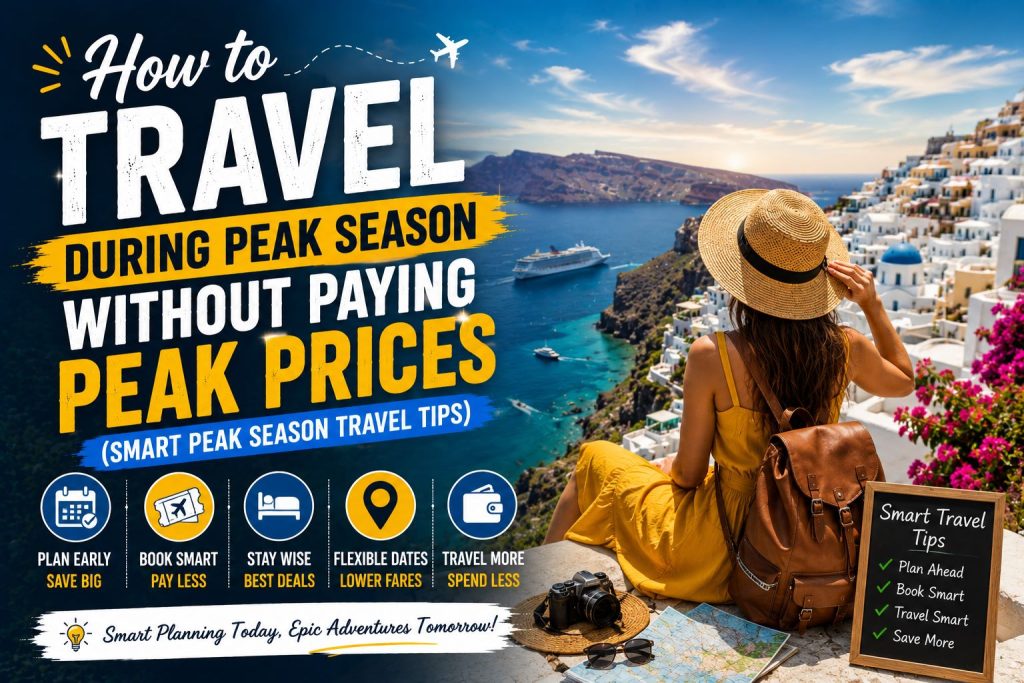 How to Travel During Peak Season Without Paying Peak Prices (Smart Peak Season Travel Tips) feature image showing a traveler overlooking a scenic coastal destination while planning an affordable peak season vacation.