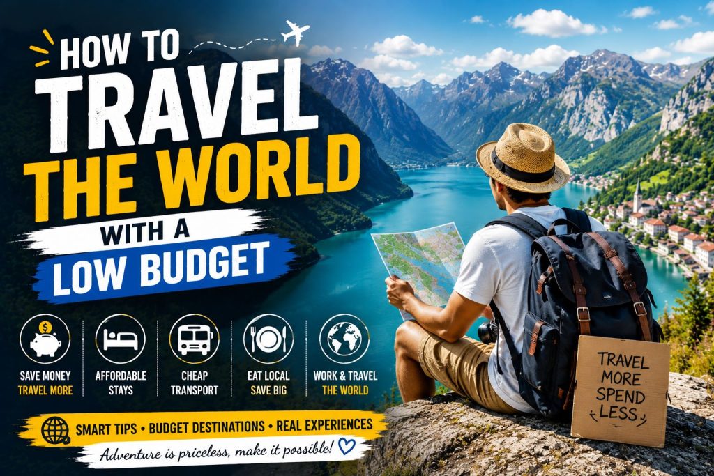 How to Travel the World with a Low Budget (2026 Budget Travel Guide) feature image showing a budget traveler exploring scenic mountains with a backpack while saving money on travel.