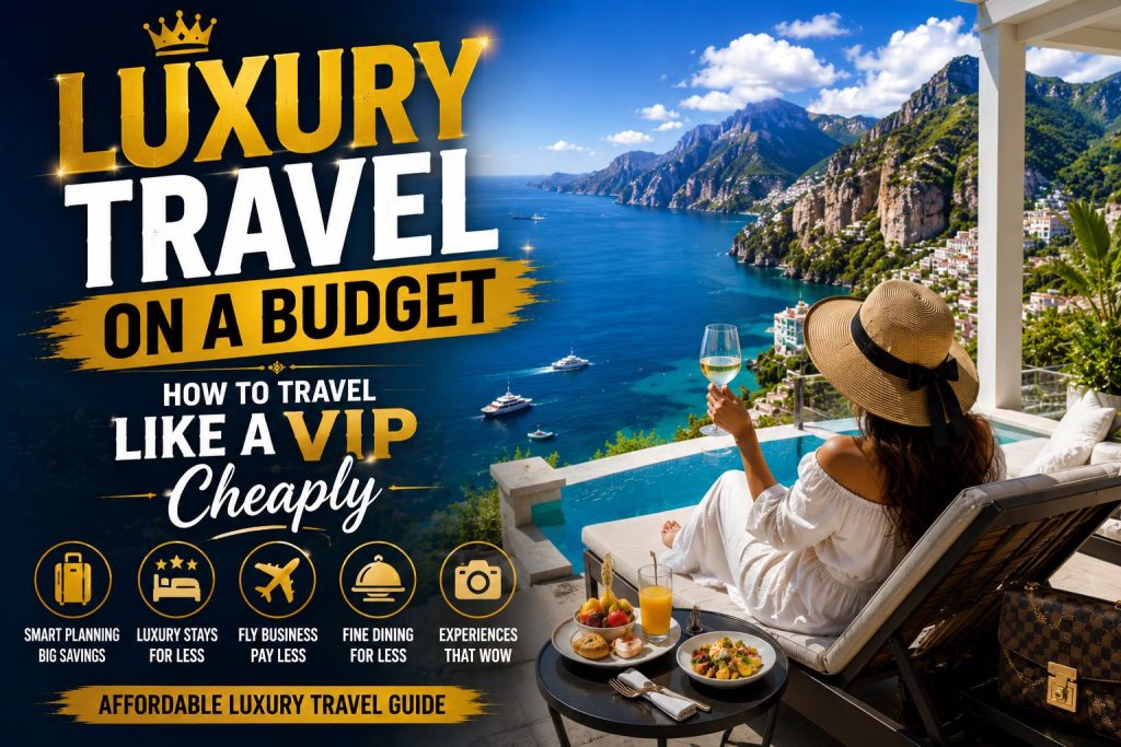Luxury Travel on a Budget: How to Travel Like a VIP Cheaply (Affordable Luxury Travel Guide) feature image showing a luxury seaside resort, infinity pool, and a traveler enjoying a premium vacation on a budget.