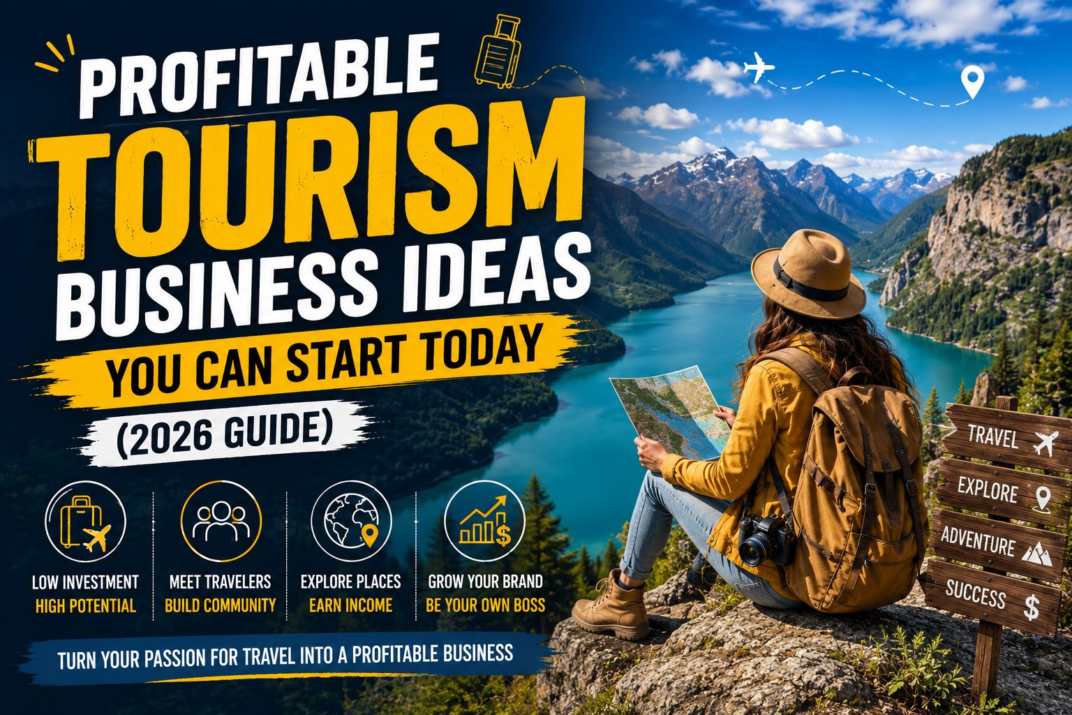 Profitable Tourism Business Ideas You Can Start Today (2026 Guide) feature image showing a traveler overlooking a scenic mountain lake, representing successful travel businesses and tourism entrepreneurship.