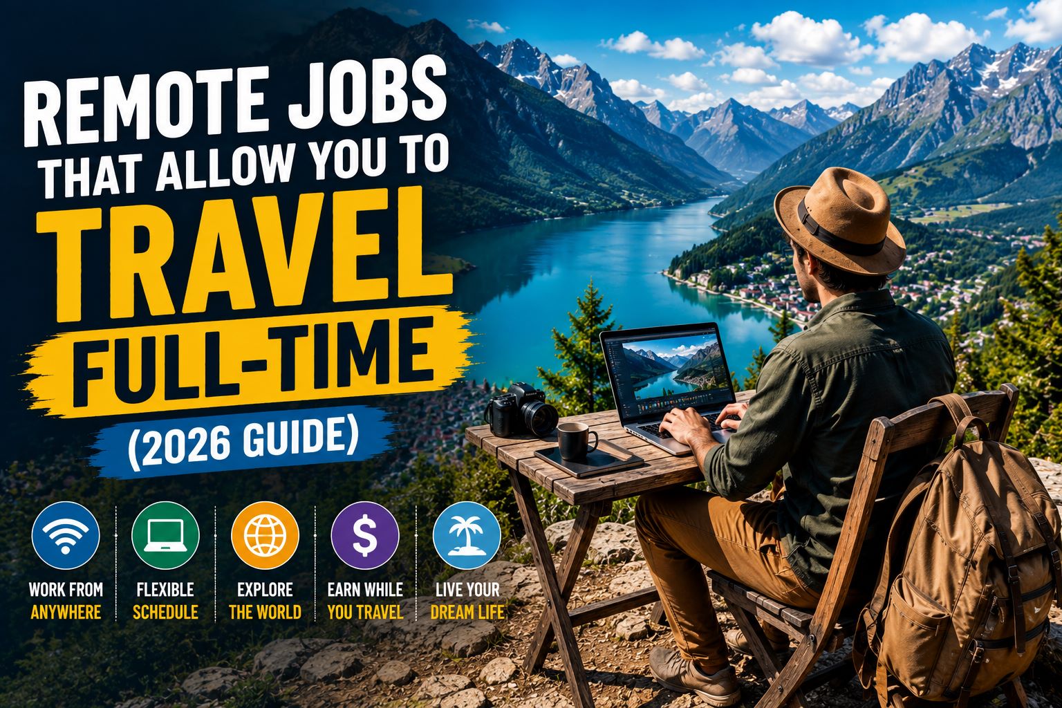Remote Jobs That Allow You to Travel Full-Time (2026 Guide) feature image showing a digital nomad working remotely with a laptop while enjoying a scenic mountain and lake destination.