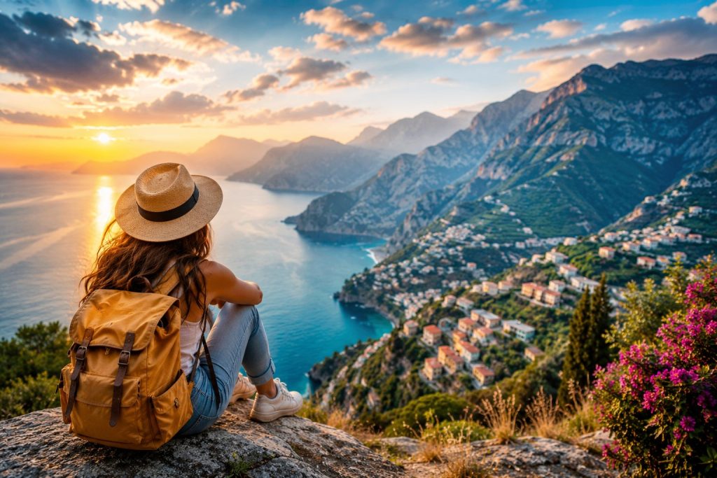 Solo traveler enjoying a scenic mountain and coastal landscape during sunset, representing first-time solo travel and beginner travel adventures.