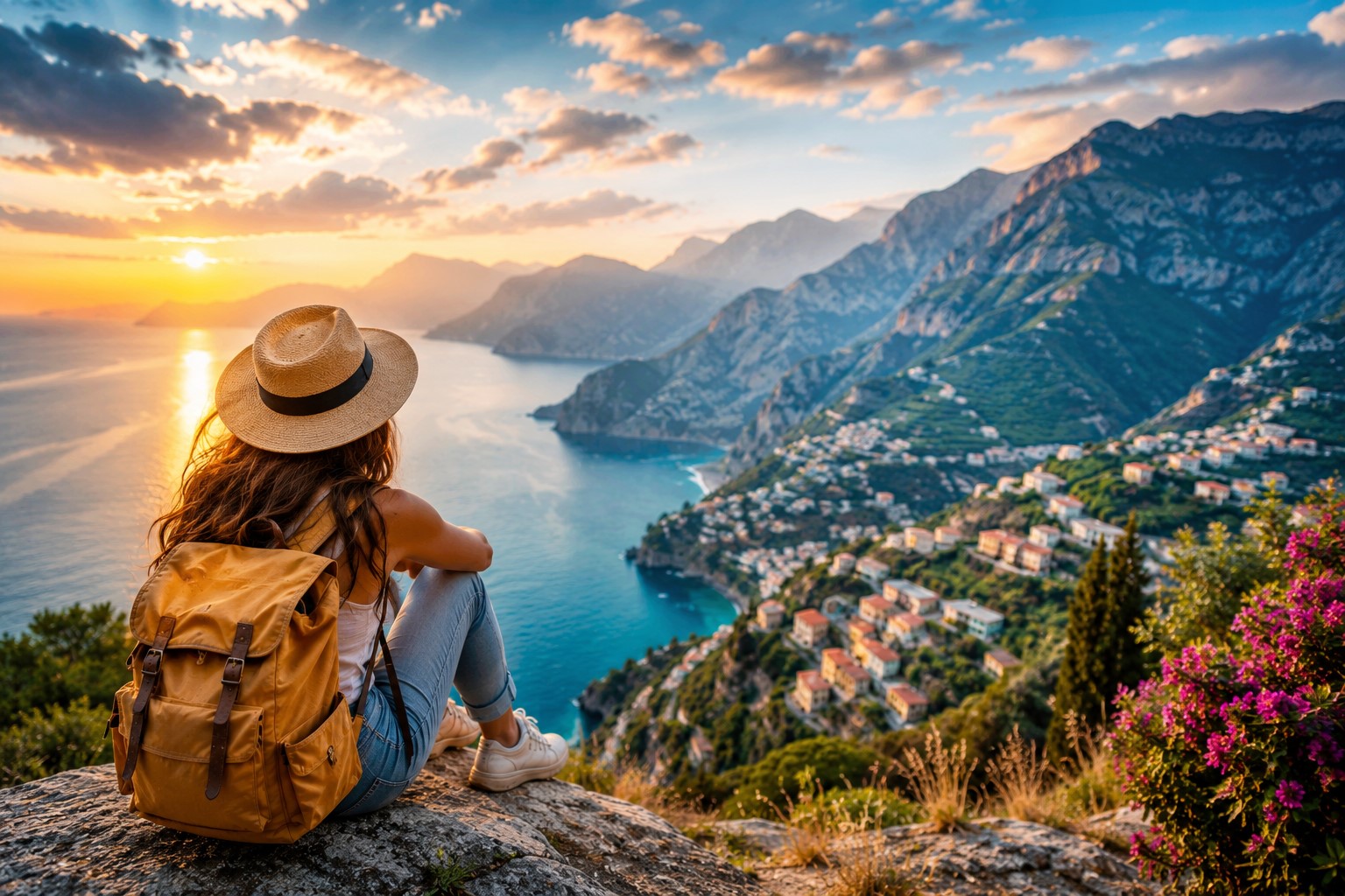Solo traveler enjoying a scenic mountain and coastal landscape during sunset, representing first-time solo travel and beginner travel adventures.