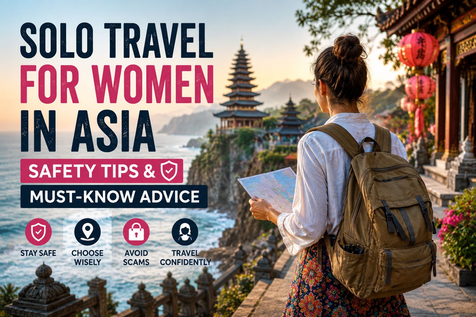 Solo Travel for Women in Asia: Safety Tips & Must-Know Advice featuring a confident solo female traveler exploring a beautiful Asian destination with a backpack and map while following essential travel safety tips.