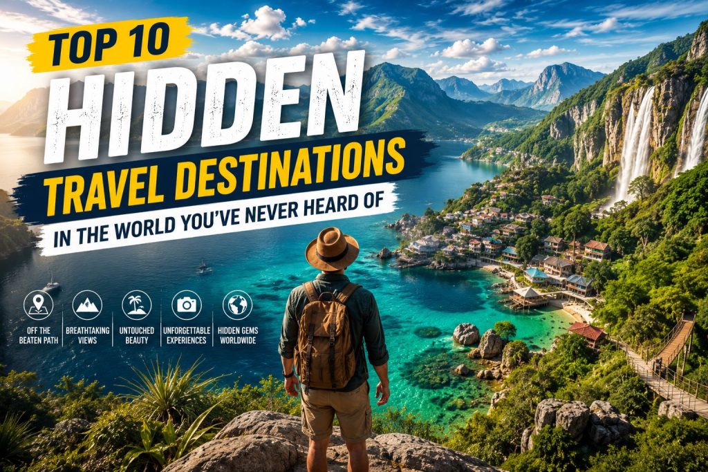 Traveler overlooking a hidden tropical destination with turquoise waters, waterfalls, mountains, and secluded villages representing secret travel locations.