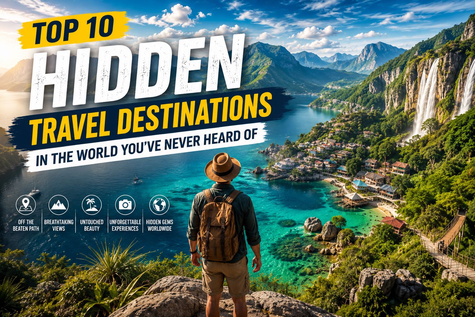 Traveler overlooking a hidden tropical destination with turquoise waters, waterfalls, mountains, and secluded villages representing secret travel locations.