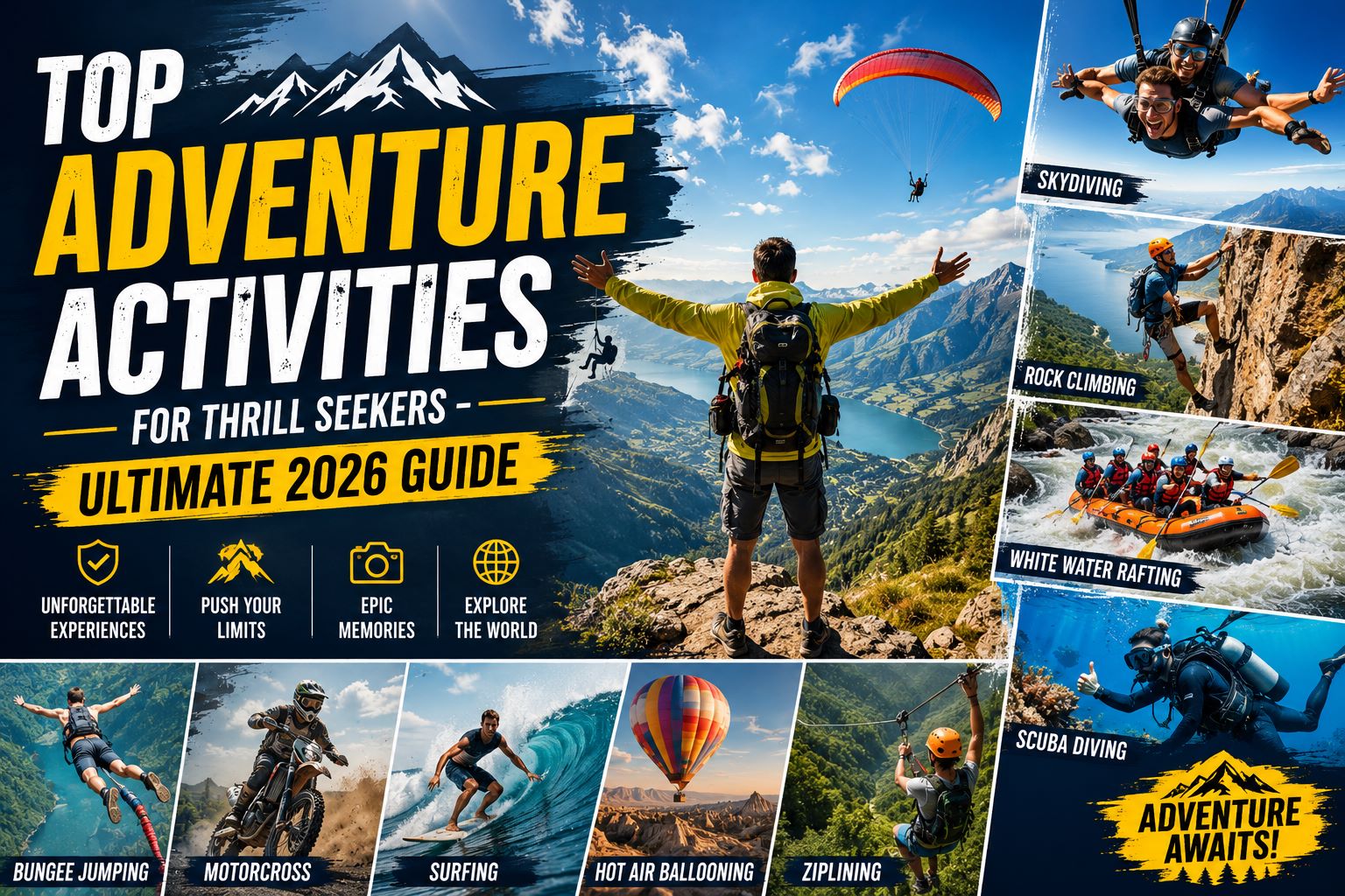 Adventure traveler enjoying mountain views with thrilling activities including skydiving, rock climbing, white water rafting, scuba diving, bungee jumping, surfing, ziplining, and hot air ballooning.