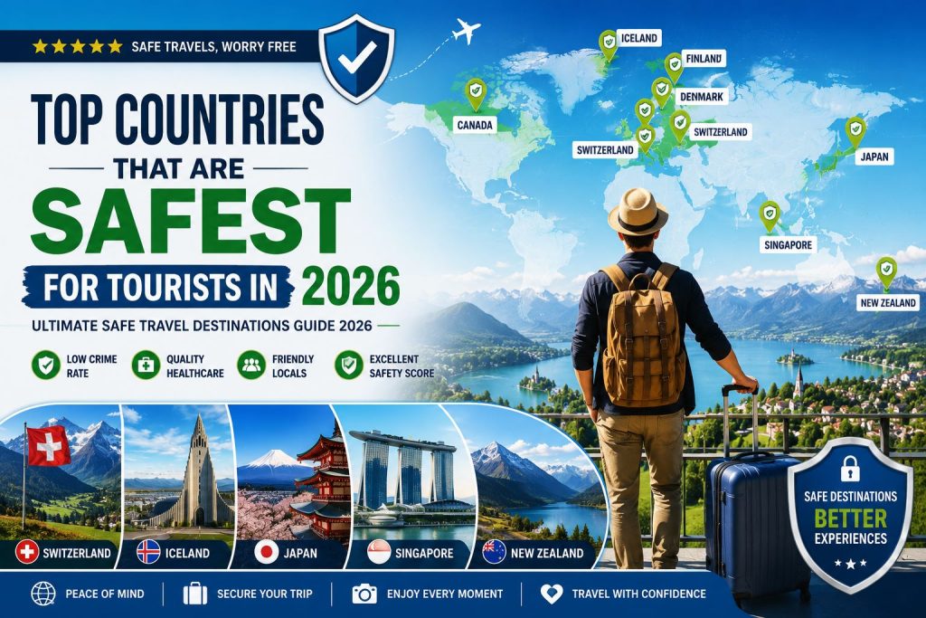 Traveler viewing a world map highlighting the safest countries for tourists in 2026, including Switzerland, Iceland, Japan, Singapore, Canada, Finland, Denmark, and New Zealand.