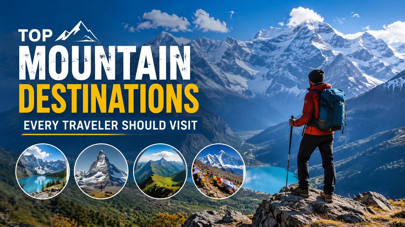 Hiker overlooking snow-capped mountains and a turquoise alpine lake, showcasing the world's top mountain destinations for adventure and nature travel.