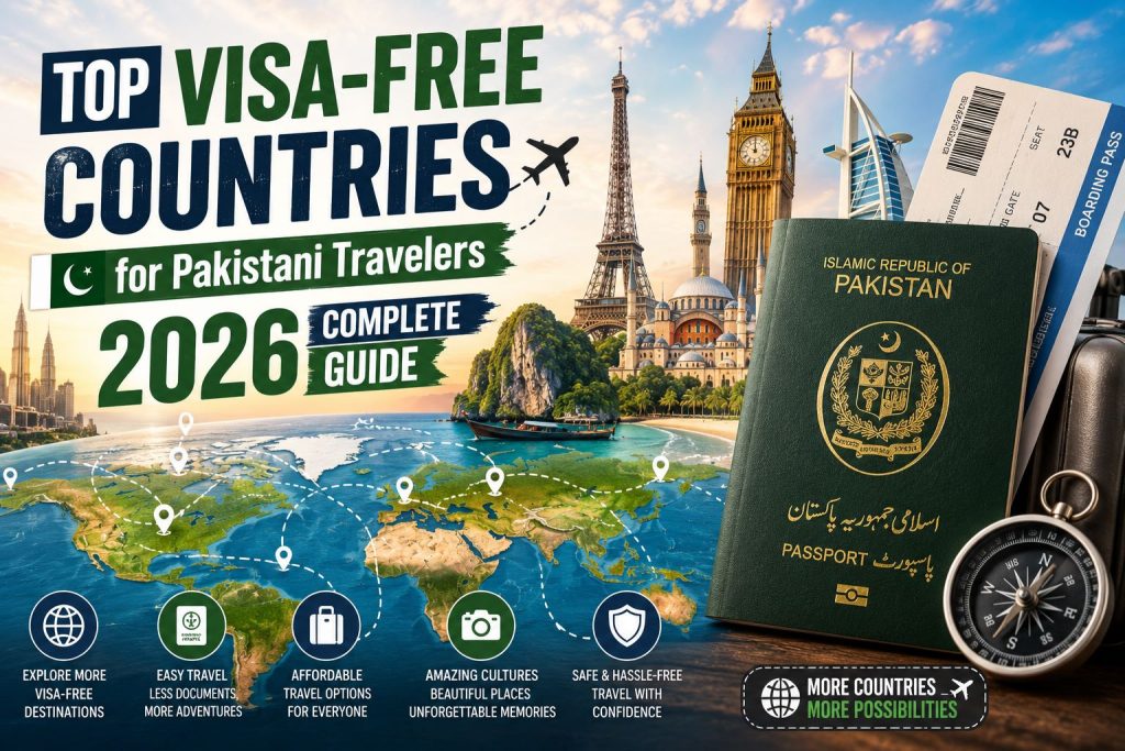 Pakistani passport with world landmarks, airplane, and global map illustrating top visa-free travel destinations for Pakistani travelers in 2026