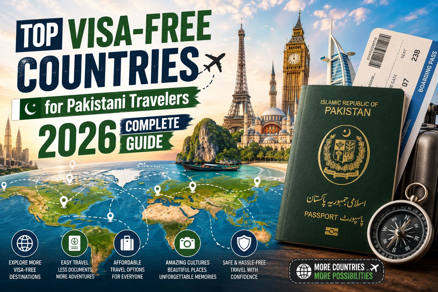Pakistani passport with world landmarks, airplane, and global map illustrating top visa-free travel destinations for Pakistani travelers in 2026