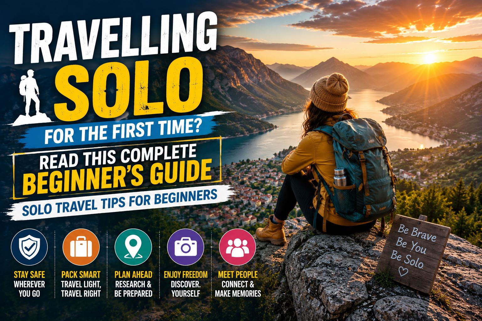 Solo traveler with a backpack overlooking a stunning mountain lake at sunrise with beginner solo travel guide and travel tips heading.