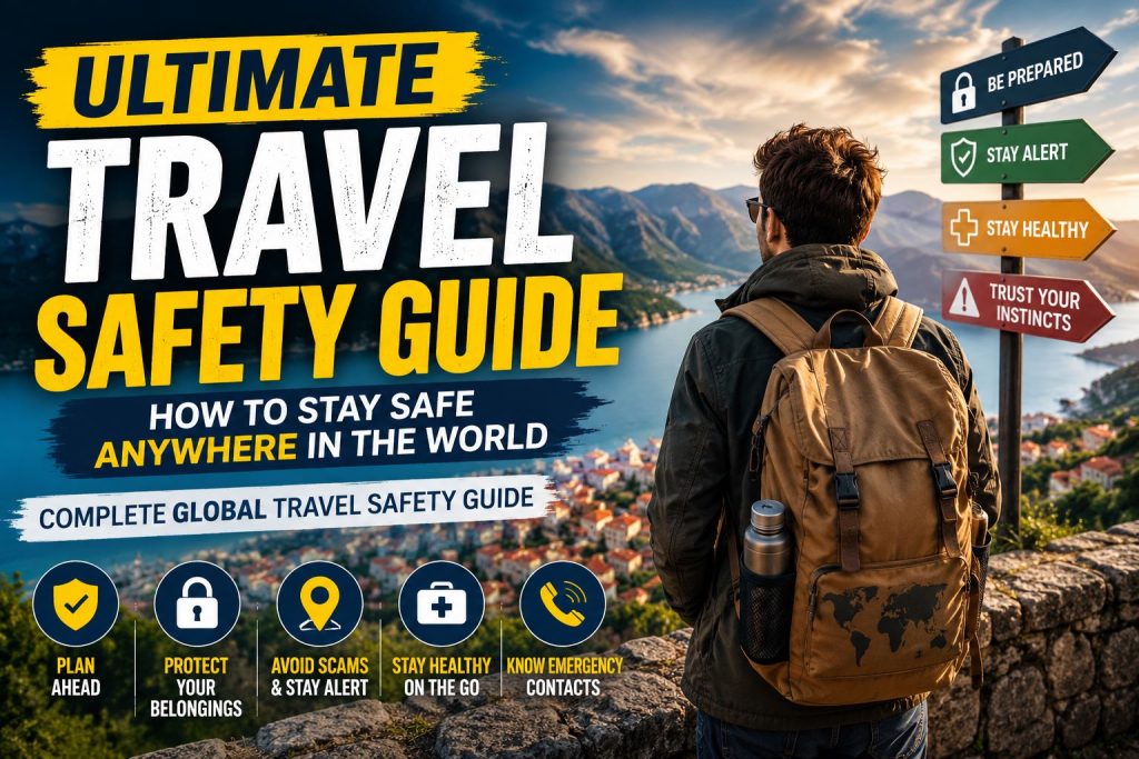 Traveler with a backpack overlooking a scenic mountain landscape with travel safety tips and icons illustrating safe international travel.