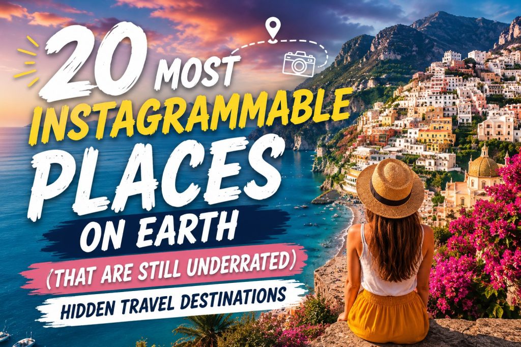 Traveler overlooking a scenic coastal village and mountains at sunset, representing hidden and underrated travel destinations around the world