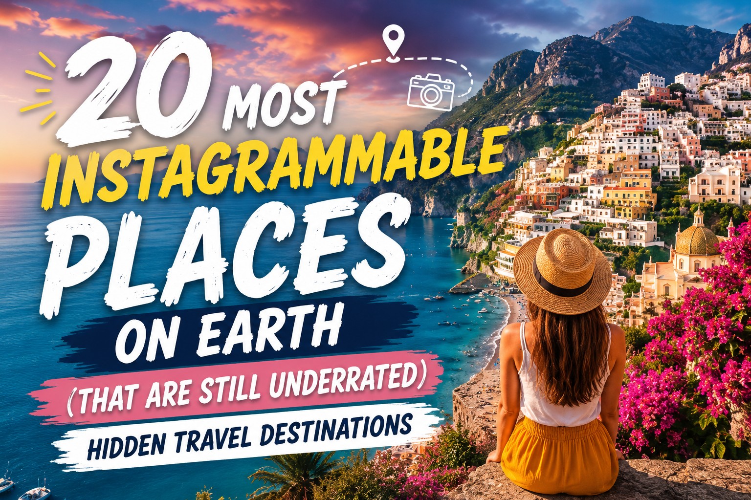 Traveler overlooking a scenic coastal village and mountains at sunset, representing hidden and underrated travel destinations around the world