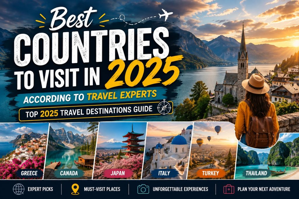 Top travel destinations 2025 featuring Greece, Japan, Italy, Canada, Turkey, and Thailand scenic landscapes and iconic places