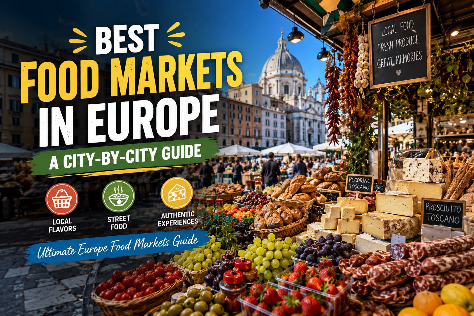 Best food markets in Europe featuring local foods, fresh produce, street food, cheese, and authentic European market experiences