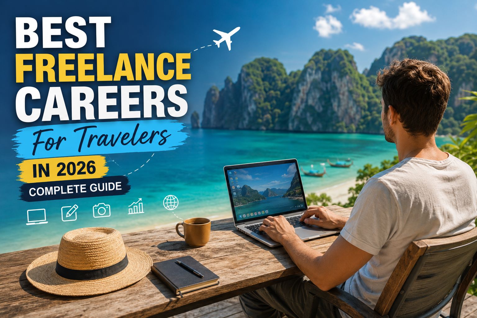 Best freelance careers for travelers in 2026 with a digital nomad working remotely by the beach