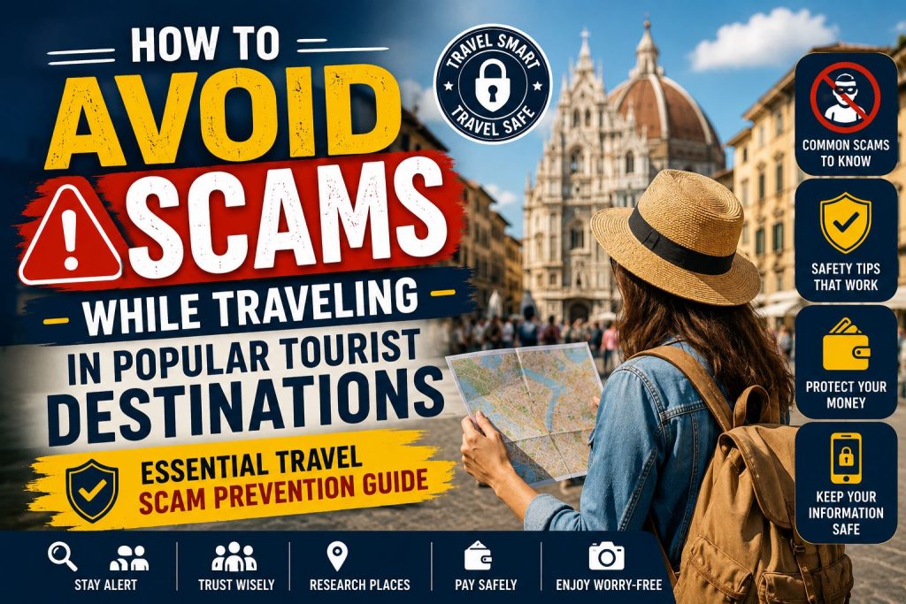 How to Avoid Scams While Traveling in Popular Tourist Destinations (Essential Travel Scam Prevention Guide) featuring a traveler staying alert in a busy tourist destination with travel safety and scam prevention concepts.
