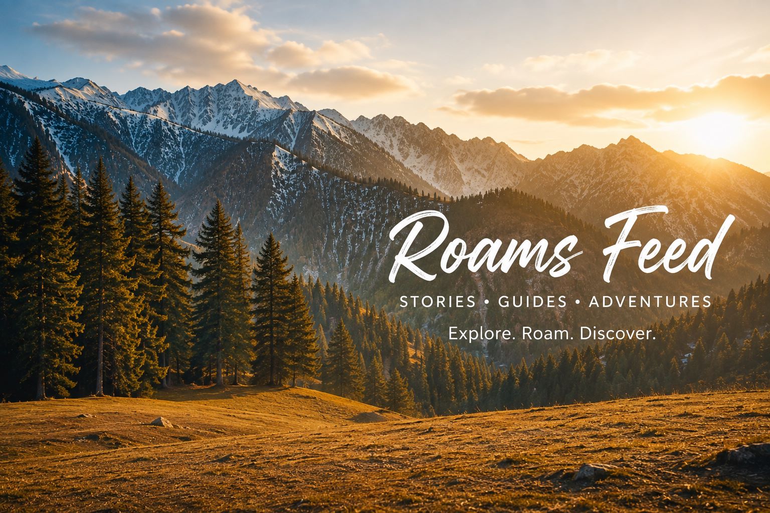 Roams Feed mountain landscape with snow-capped peaks and pine forests at sunset