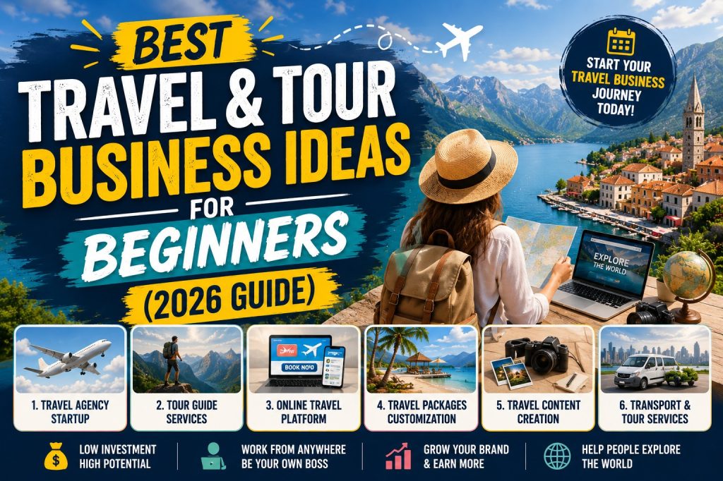 travel and tour business ideas for beginners 2026 including travel agency, tour guide, and online travel services