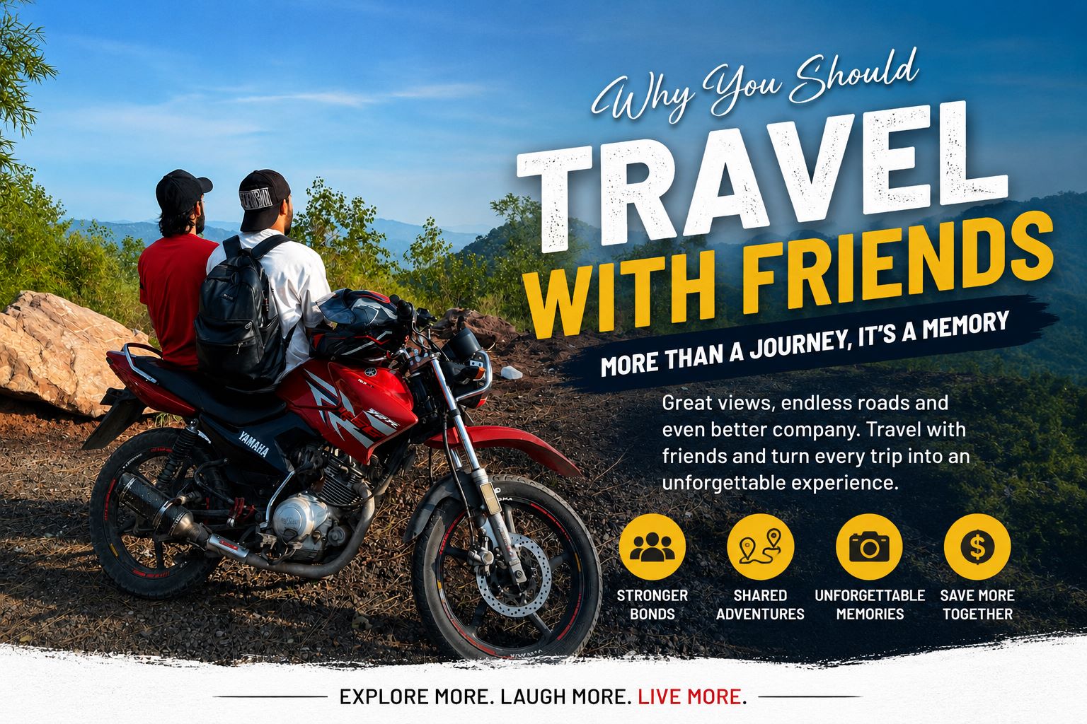 Travel with friends on a motorcycle while enjoying a scenic mountain adventure