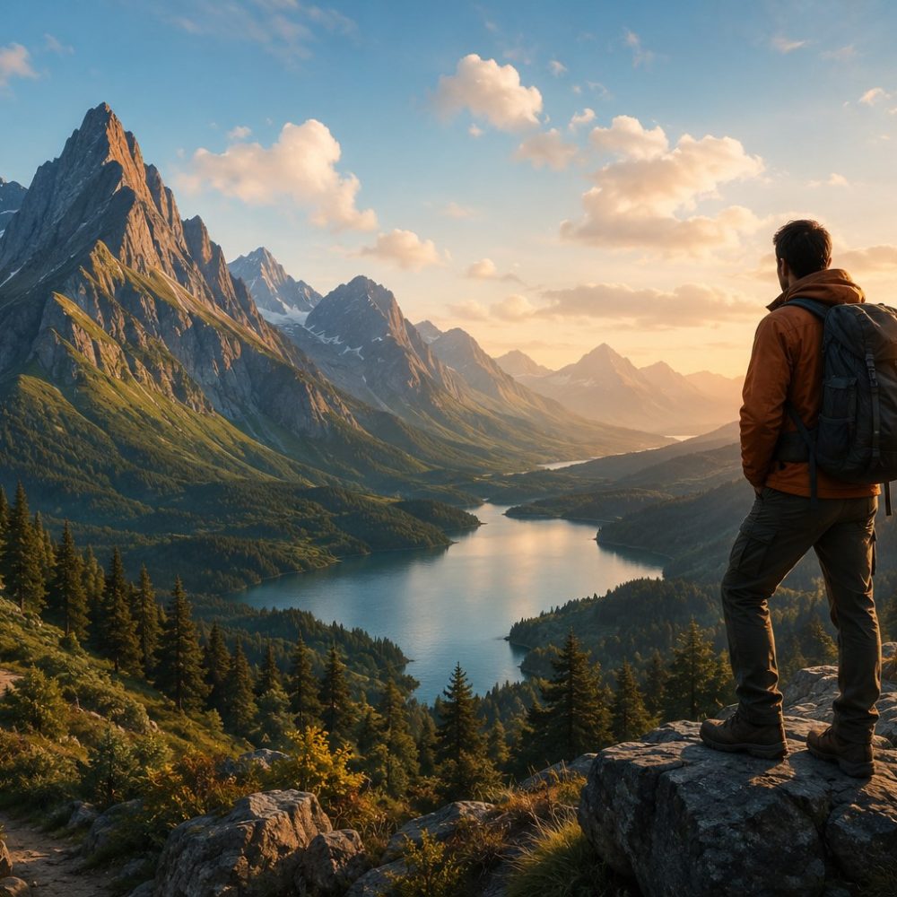 Traveler standing on a rocky viewpoint overlooking a scenic mountain valley with a lake and dramatic peaks at sunrise.